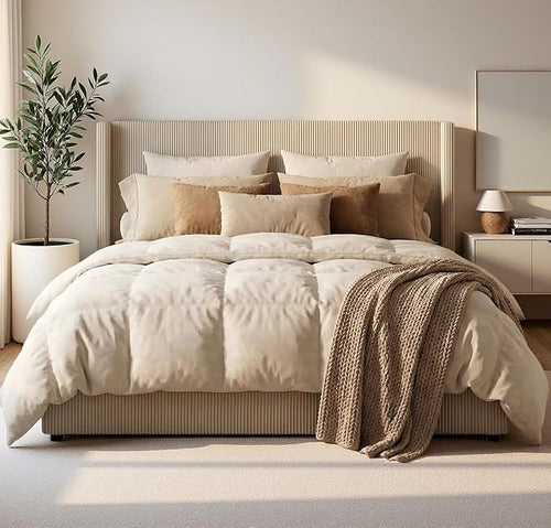 King Size Bed Frame with Storage Drawers, Corduroy Upholstered Wingback Platform Bed