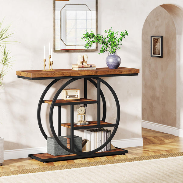 4-Tier Industrial Console Table with Circle Base