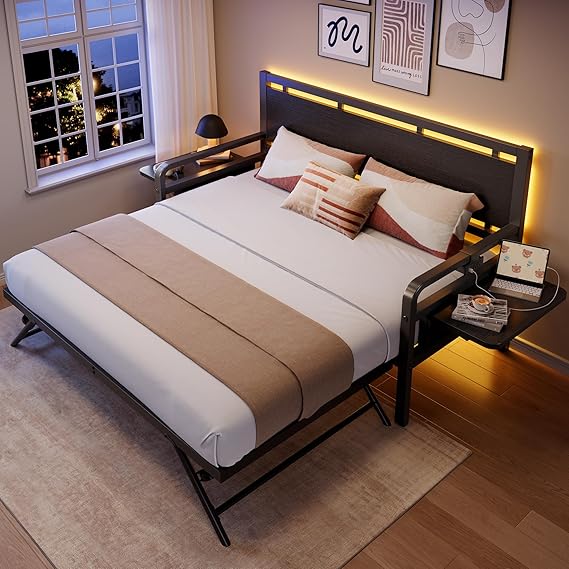 Twin Daybed with Pop-Up Trundle, RGB LED Headboard & Charging Station