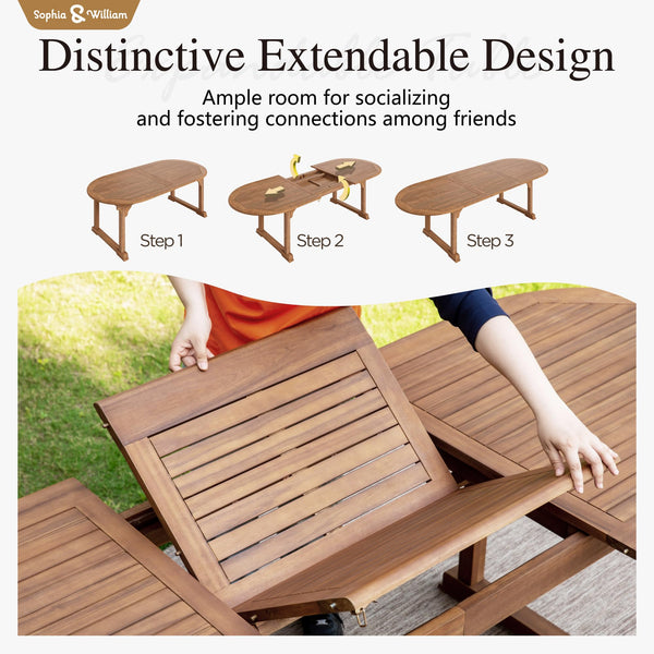 9-Piece Expandable Acacia Wood Patio Dining Set with Rattan Chairs
