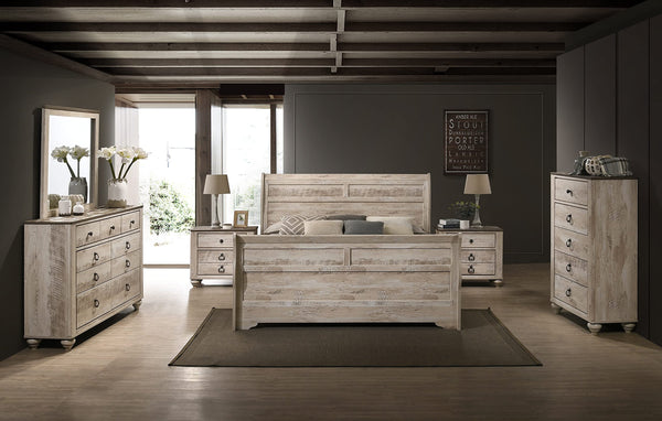 Roundhill Furniture Imerland Contemporary White-wash Finished 6-Piece Sleigh Headboard Bedroom Set, Queen