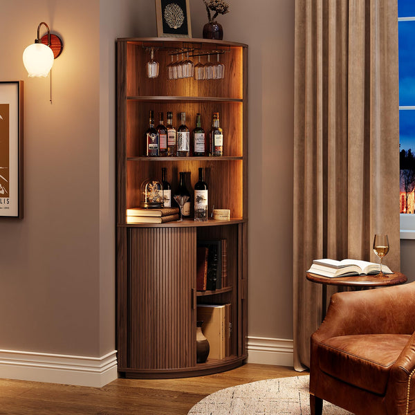 Corner Bar Cabinet with LED Lights & Sliding Door