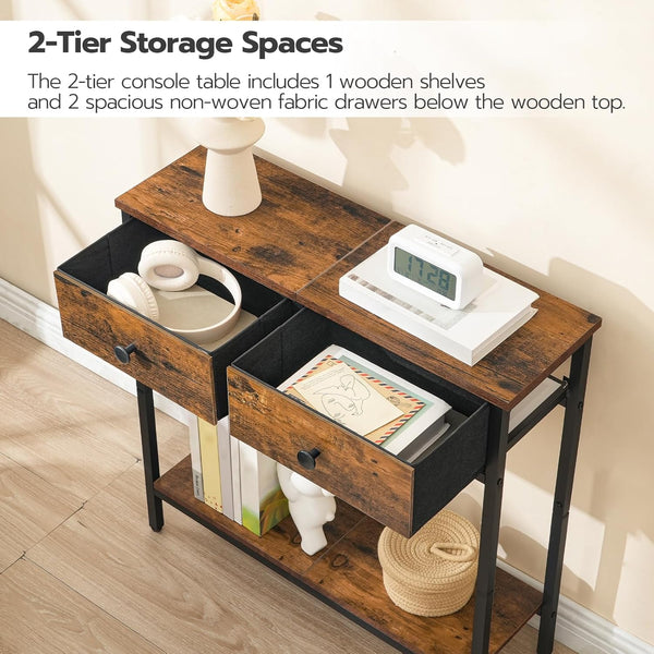 Narrow Console Table with 2 Fabric Drawers & 2-Tier Storage Shelves