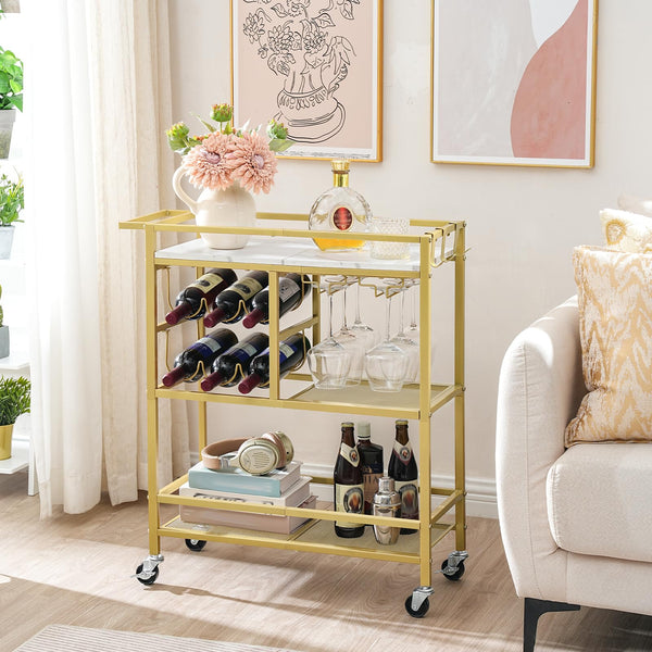 3-Tier Rolling Bar Cart with Wine Rack and Glass Holders