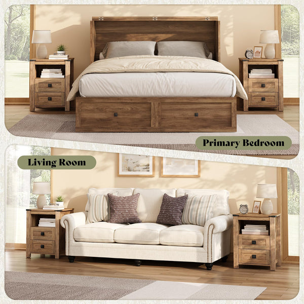 Farmhouse Nightstand Set of 2 with Drawer & Open Shelf
