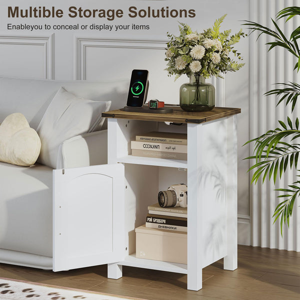 Farmhouse Nightstand Set of 2 with Charging Station & Storage