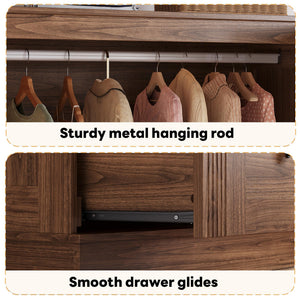 Farmhouse Wardrobe Closet with LED Lights & Hanging Rod