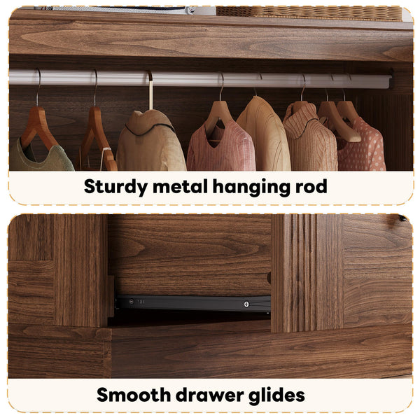 Farmhouse Wardrobe Closet with LED Lights & Hanging Rod