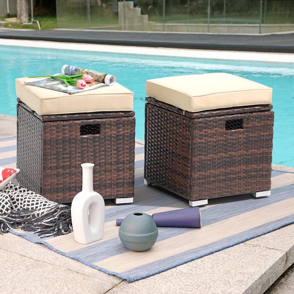 2-Piece Outdoor Patio Storage Ottomans with Cushions