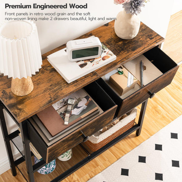 Narrow Console Table with 2 Fabric Drawers & 3-Tier Storage Shelves