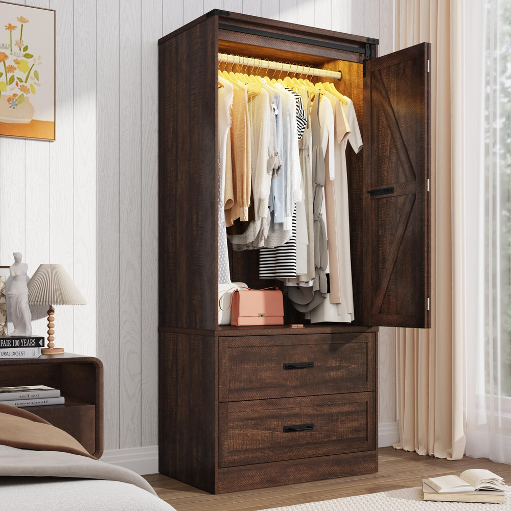 Farmhouse Sliding Door Wardrobe with LED Light & Drawers