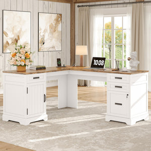 L-Shaped Executive Desk with File Cabinet & Charging Station, 67 Inch