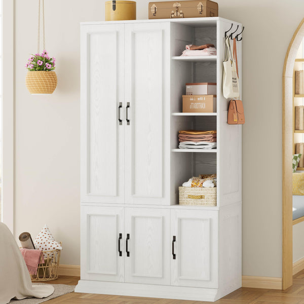 Wooden Wardrobe Closet with 5 Doors, 4 Shelves & Hanging Rod