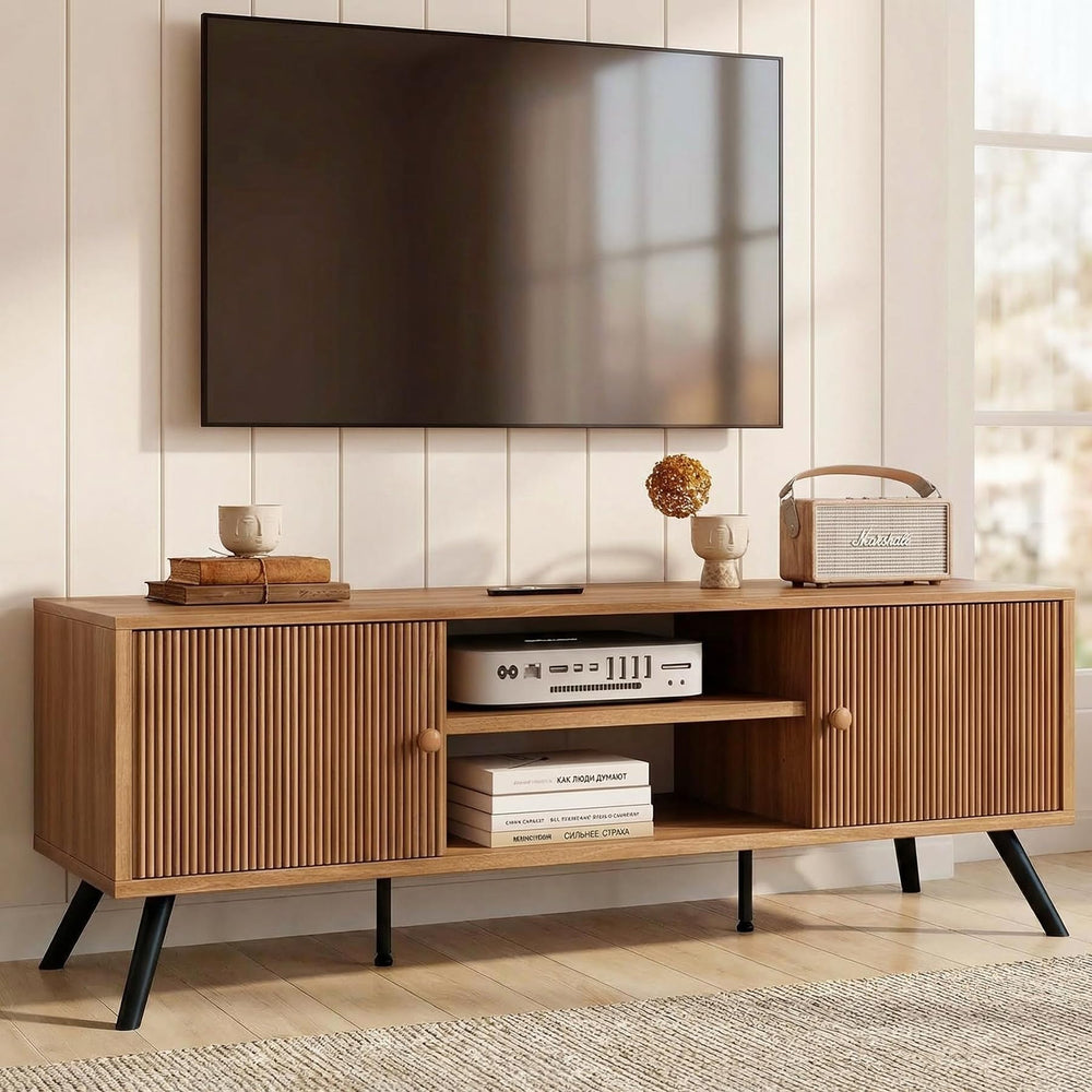 Mid-Century Modern TV Stand with Fluted Door Cabinets