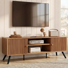 Mid-Century Modern TV Stand with Fluted Door Cabinets