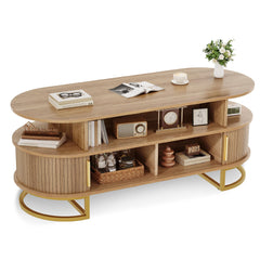 Oval Fluted Coffee Table with Sliding Door Storage & Gold Handles
