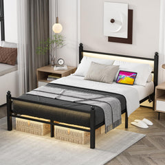 Full Size Bed Frame with LED Lights & Charging Station
