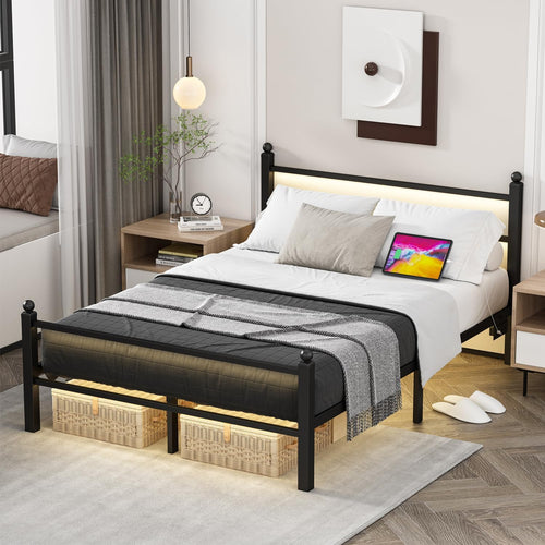Full Size Bed Frame with LED Lights & Charging Station