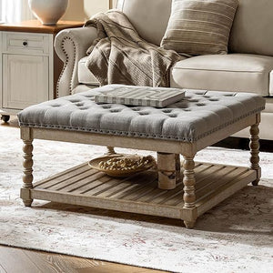 Upholstered Rectangular Ottoman with Spindle Legs & Storage Shelf