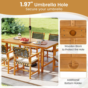 6-Piece Acacia Wood Outdoor Dining Set with Umbrella Hole, Bench & 4 Cushioned Armchairs