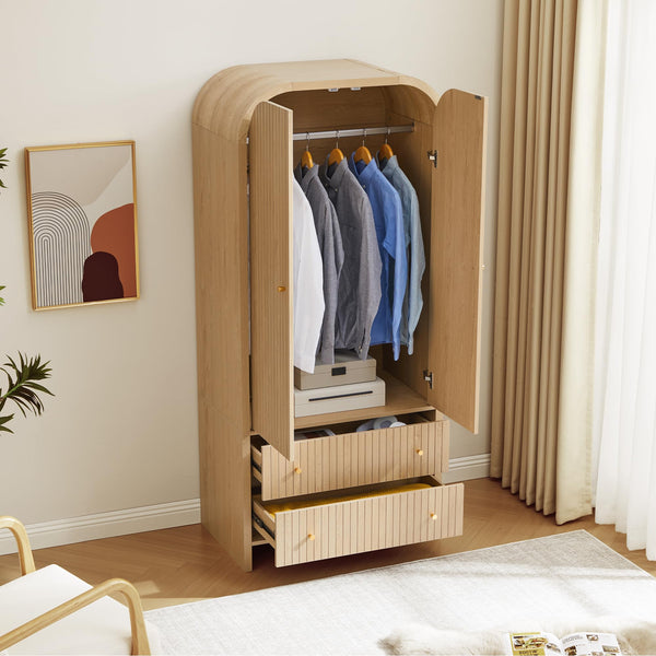 Arched Wardrobe Closet with Hanging Rod and 2 Drawers