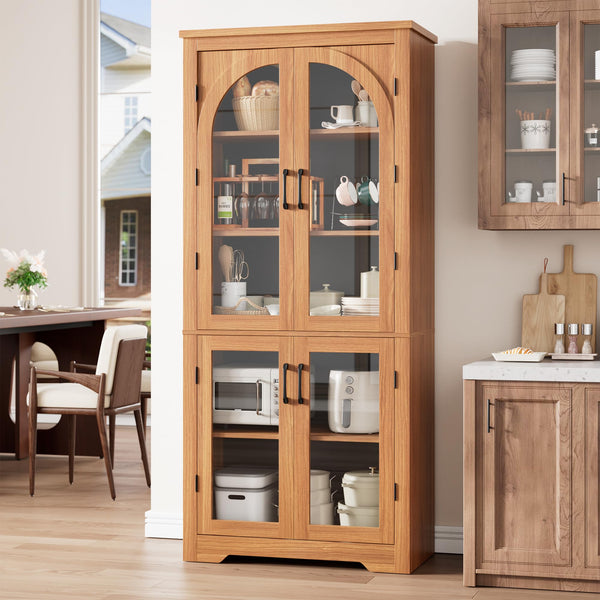 70" Tall Kitchen Pantry Cabinet with 4 Arched Glass Doors & Adjustable Shelves
