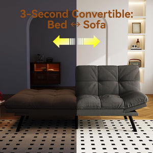 Convertible Futon Sofa Bed – Grey Linen with Adjustable Backrest & Armrests