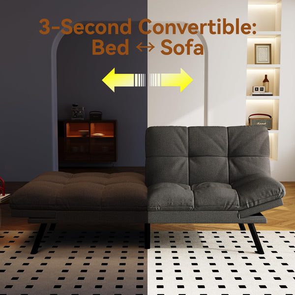 Convertible Futon Sofa Bed – Grey Linen with Adjustable Backrest & Armrests