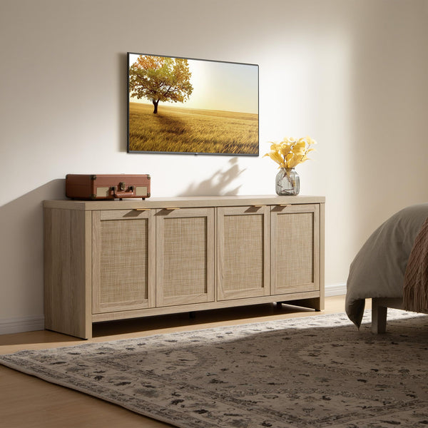 Boho TV Stand with 4 Rattan Cabinets – Farmhouse Entertainment Center, Fits TVs up to 65 Inch