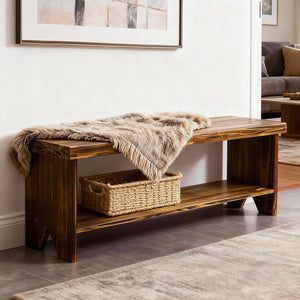 43" Solid Wood Farmhouse Entryway Bench with Storage Shelf