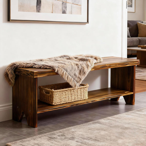 43" Solid Wood Farmhouse Entryway Bench with Storage Shelf