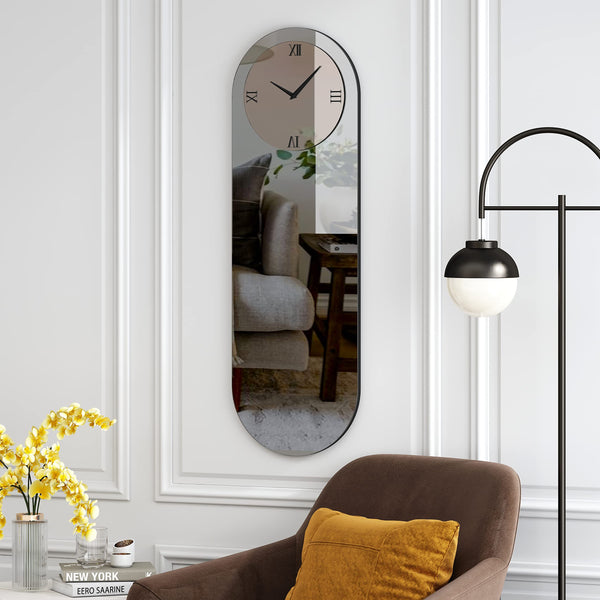 Large Oval Mirror Wall Clock – Black, 13"W x 39"H