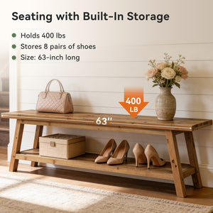 Solid Wood Entryway Bench with Shoe Storage Shelf