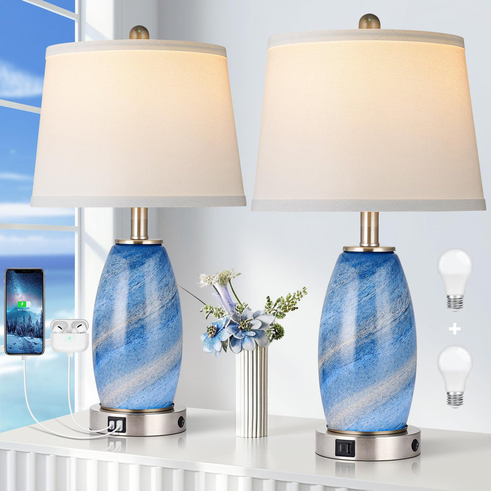 Blue Glass Table Lamps Set of 2 with USB Charging & 3-Way Lighting