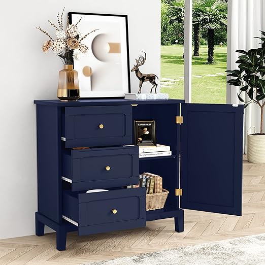 Accent Cabinet with 3 Drawers and Door – Wooden Sideboard with Shelves