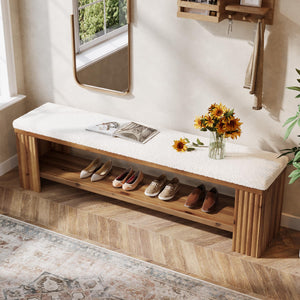 Upholstered Bedroom & Entryway Bench with Faux Sheepskin Cushion