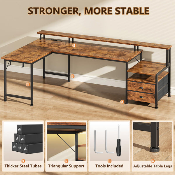 L-Shaped Computer Desk with Power Outlets, USB-C, Drawers & LED Lights – 65 Inch