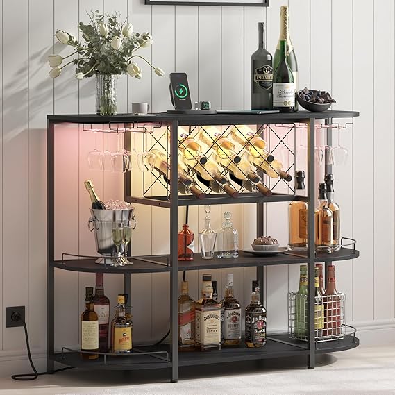 3-Tier Wine Cabinet Bar Cart with LED Light & Power Outlet