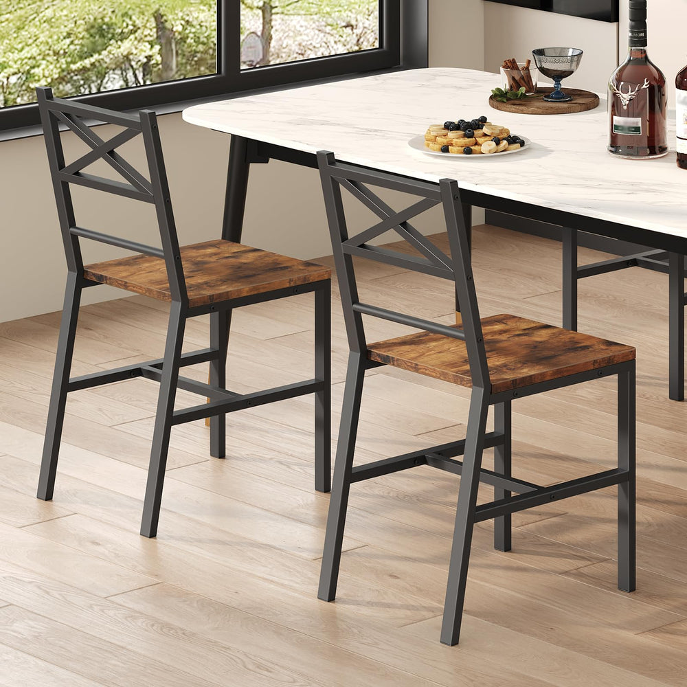 Rustic Dining Chair Set with Metal Frame & Backrest