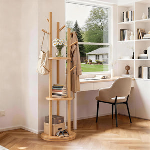 Solid Wood Rotary Coat Rack with Shelves & Hooks