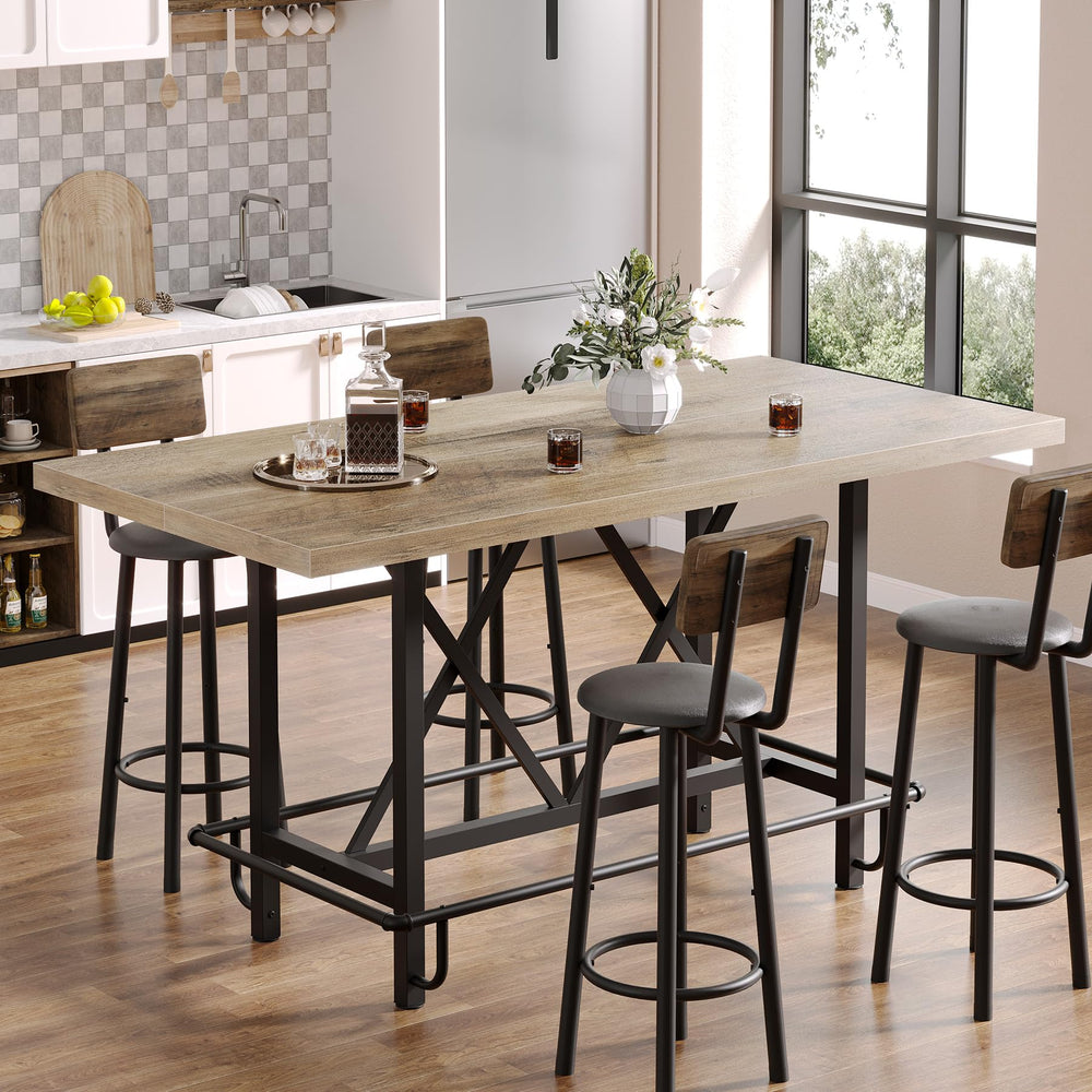 63-Inch Industrial Counter Height Bar Table with Metal Footrest