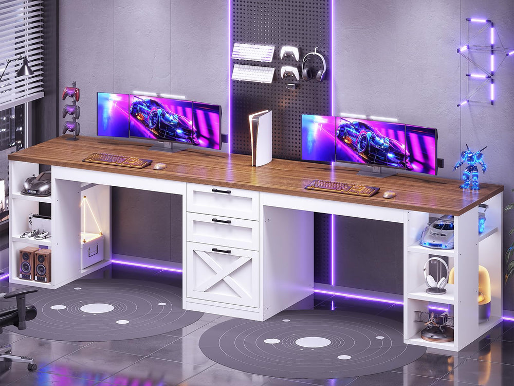 96.5" Two Person Desk with Drawers & Storage Shelves
