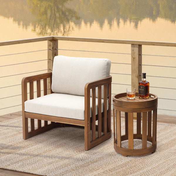 Acacia Wood Outdoor Side Table with Removable Tray Top & Slatted Design