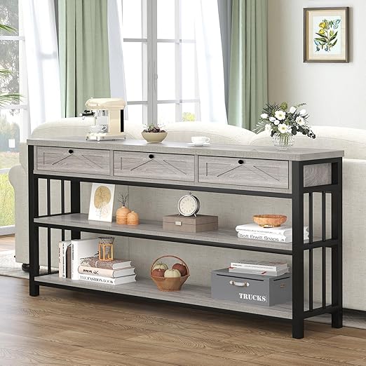 55-Inch Console Table with 3 Drawers and Open Shelves
