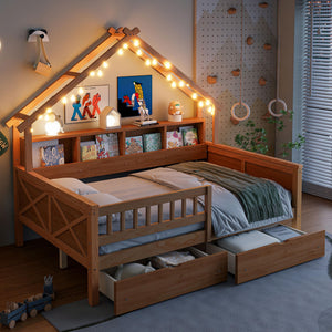 Full Size House Platform Bed with LED Lights, Storage Shelves & Drawers