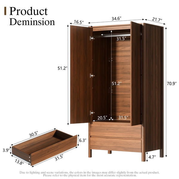 Tall Wardrobe Cabinet with Drawers and Hanging Rod