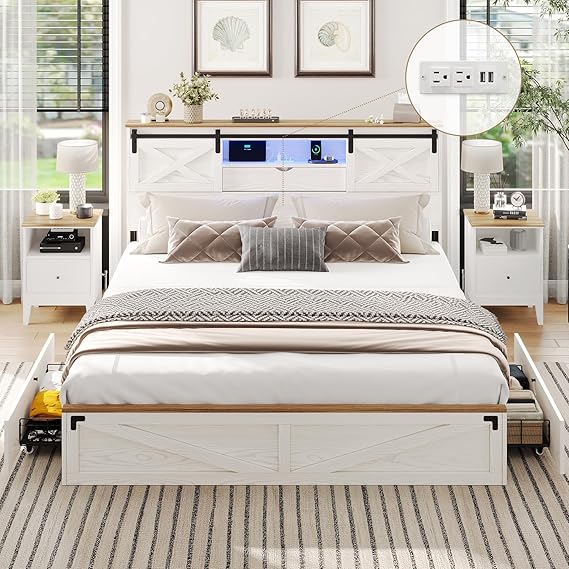 Farmhouse Bed Frame with Storage Headboard, LED Lights & Charging Station
