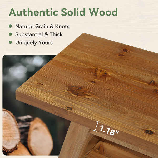 Solid Wood Farmhouse Dining Bench with Storage Shelf