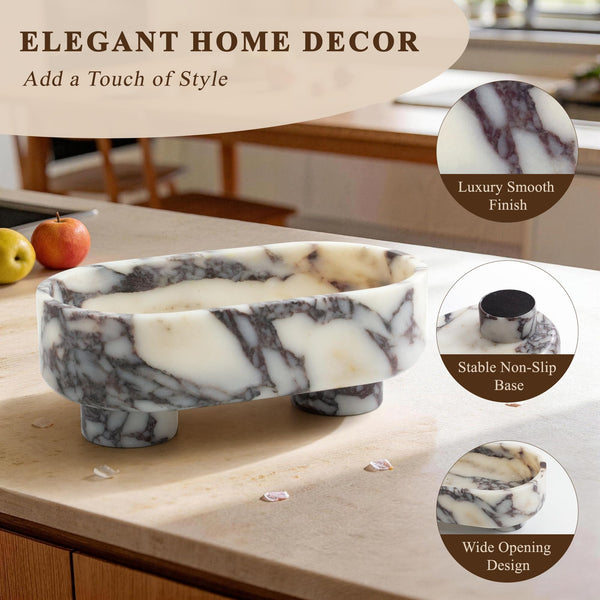 Oval Marble Fruit Bowl – Two-Legged Pedestal, 10"