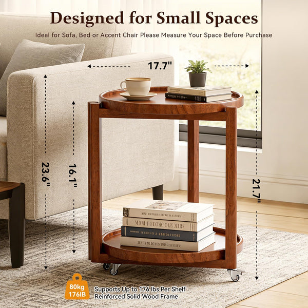 Round Side Table with Wheels & Storage Shelf